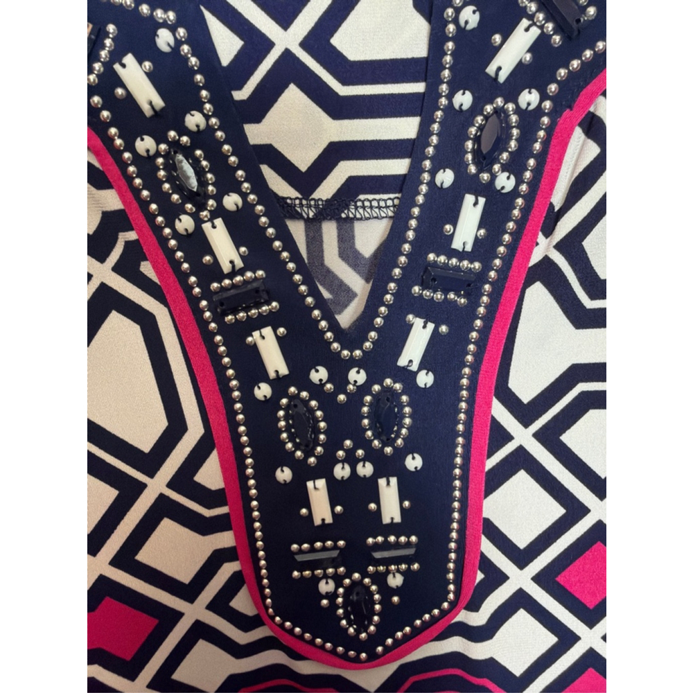 Women’s Geometric Print Beaded Tunic Large JM Collectibles Workwear Resort Style - Picture 3 of 5